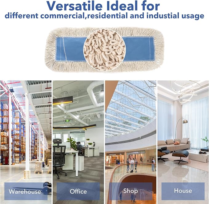 Matthew Cleaning 36'' Industrial Strength Cotton Dust Mop Refill Washable Replacement Heads for Residential & Commercial Use Fit Standard Dust Mop Frames, Hardwood, Concrete Floors Blue&White 6 Pack