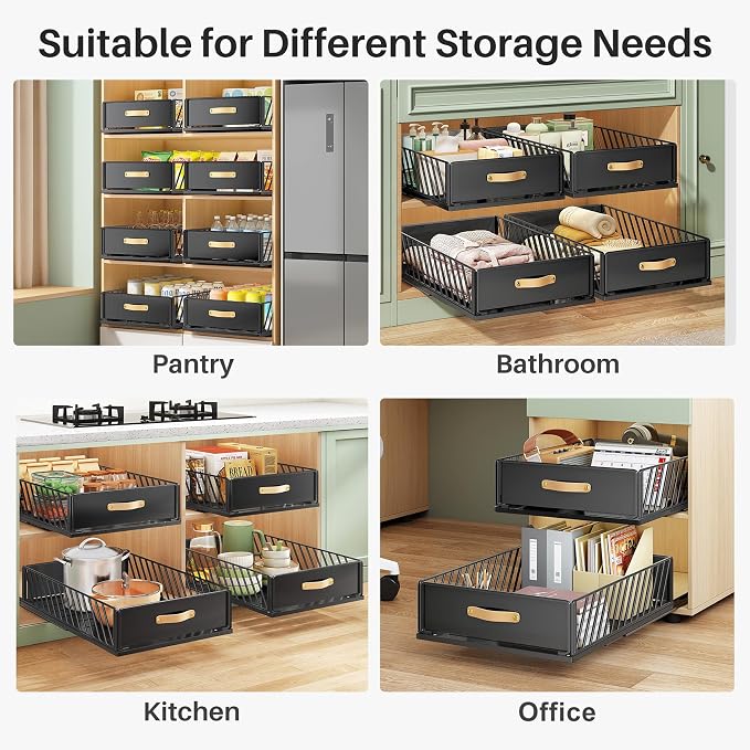 Pull out Cabinet Organizer,Heavy Duty Slide out Pantry Shelves Drawer Storage with Adhesive Nano Film,Sliding Mesh Cabinet Basket with Handle for Kitchen, Bathroom, Home, 13.8"W X 21"D X6.2"H,Black