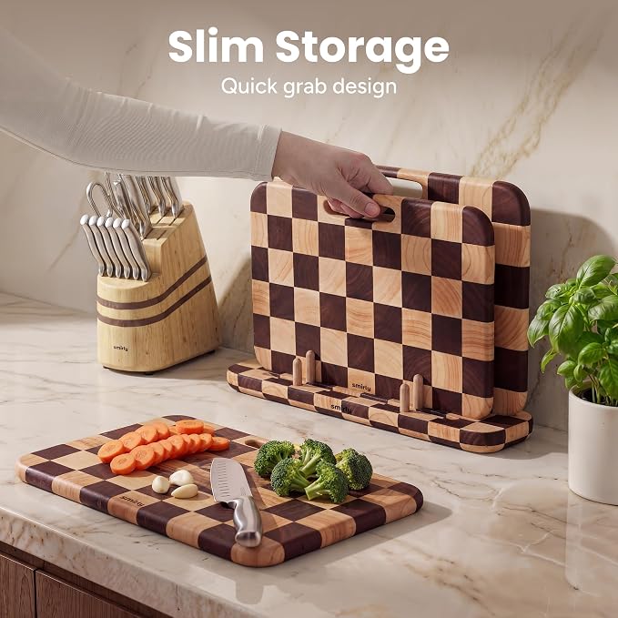 SMIRLY Cutting Board Set - 3 Piece Rubberwood Cutting Boards with Stand | Double-Sided Wood Cutting Board, Checkered Cutting Boards Non Toxic for Meat Vegetable Fruit, Food-Grade
