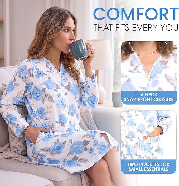 Casual Nights Women's Floral Snap Front Flannel Duster Long Sleeve Lounger Dress