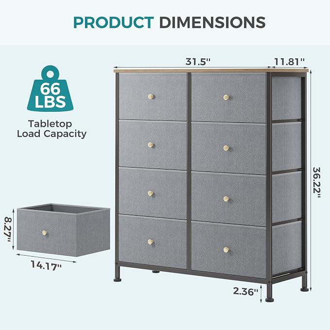 OLIXIS 8 Drawer Storage Dresser with Wood Top - Wide Fabric Chest Organizer for Bedroom, Closet, Living Room,Tower Cabinet, TV Stand, Hallway Entryway Furniture,Gray Blue