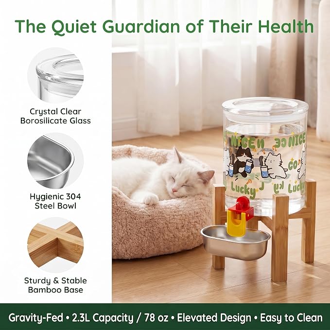 Gravity Cat Water Fountain No Electricity, 2.3L/77oz Cat Water Dispenser, Glass Water Bowl with Stainless Steel Basin, 0 Noise, Dustproof, Easy to Clean, for Indoor Cats & Small Pets