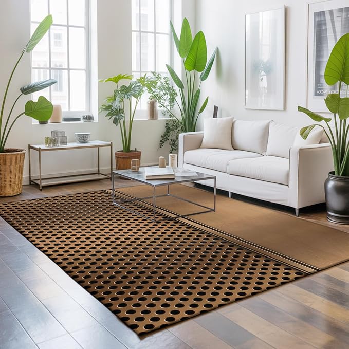 Large Area Rug 8'x10', Brown Metal Hole Washable Rectangular Area Rugs for Bedroom Living Room Office, Modern Copper Net Eye Hole Pattern Non Slip Kitchen Rug Mats Indoor Floor Accent Throw Carpet