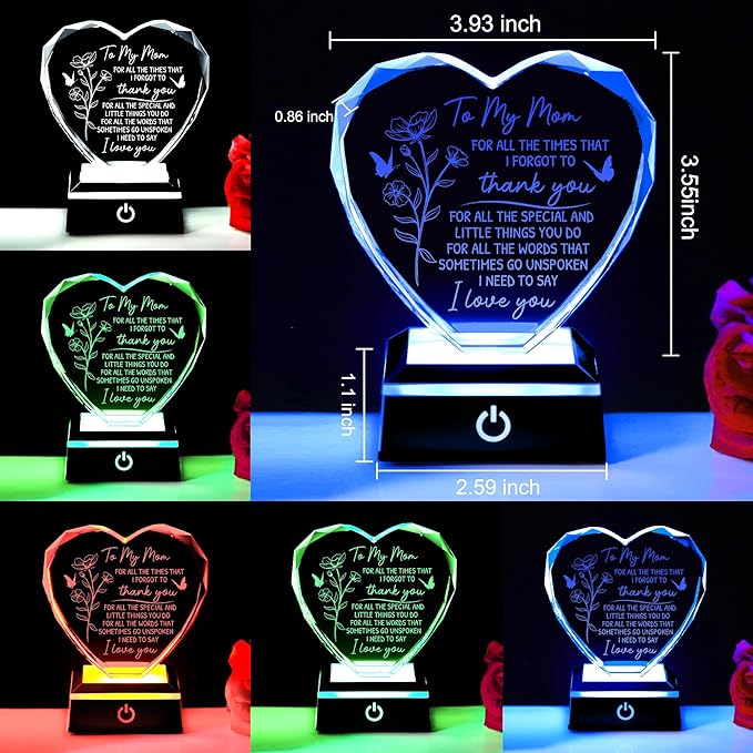 ZHSHWAT to My Mom Crystal Heart Keepsake, Engraved Crystal Gifts for Mom from Son Daughter, LED Color Changing Light Base Plaque for Mother's Day Christmas Birthday Gifts