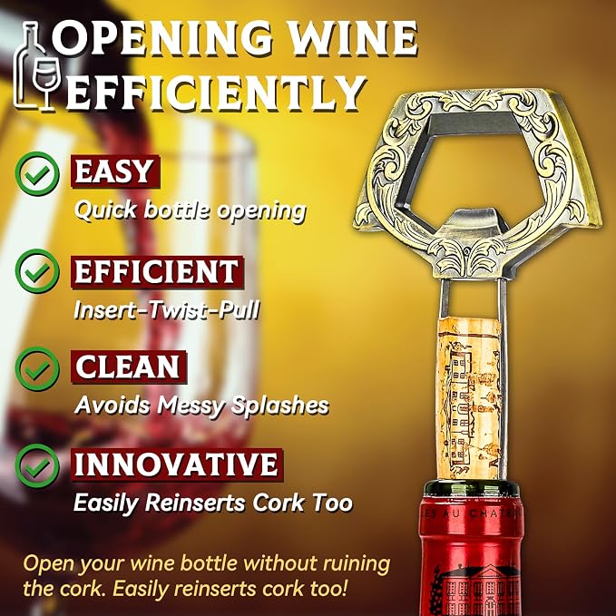 Ah So Wine Opener for Vintage Bottles, 3 in 1 Old Bottle Opener, Two Prong Cork Remover with Beer Bottle Opener, for Connoisseurs & Collectors to Uncork (Bronze)