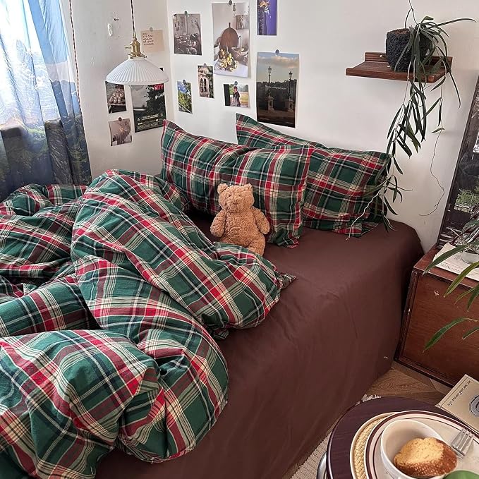 mixinni Vintage Green Buffalo Plaid Washed Cotton Duvet Cover Twin - Soft Breathable Textured Bedding Set with Zipper Closure for All Seasons-1 Duvet Cover + 2 Pillow Shams-Twin Size