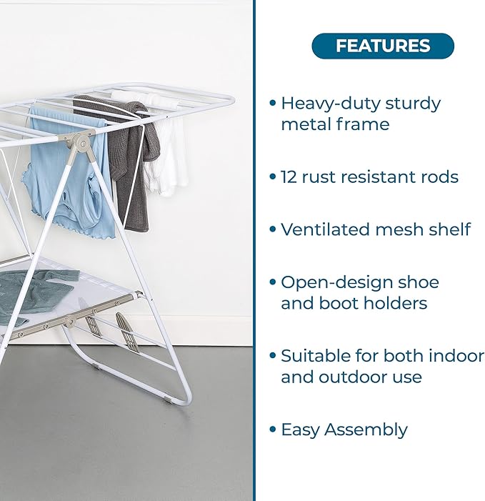 Honey-Can-Do Heavy-Duty Gullwing Clothes Drying Rack, 50 lb, White | Gullwing rack adds 46 ft of drying space with dedicated shoe bars. Sturdy metal, 50 lb capacity, folds flat.