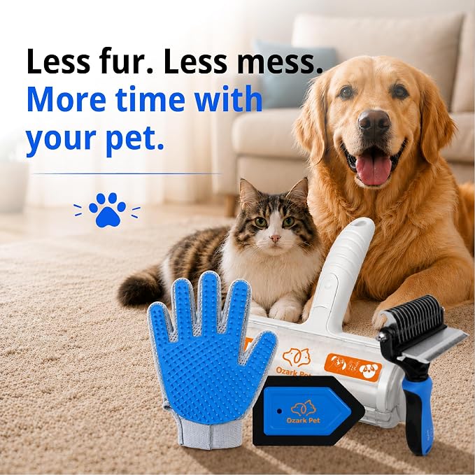 Grooming Brush for Dog/Cat with 2 Sided Grooming Brush for De-Shedding, De-Matting Reduces Shedding up to 95%, Great Short to Long Hair Small Large (Blue, Combo 4-in1 Large)