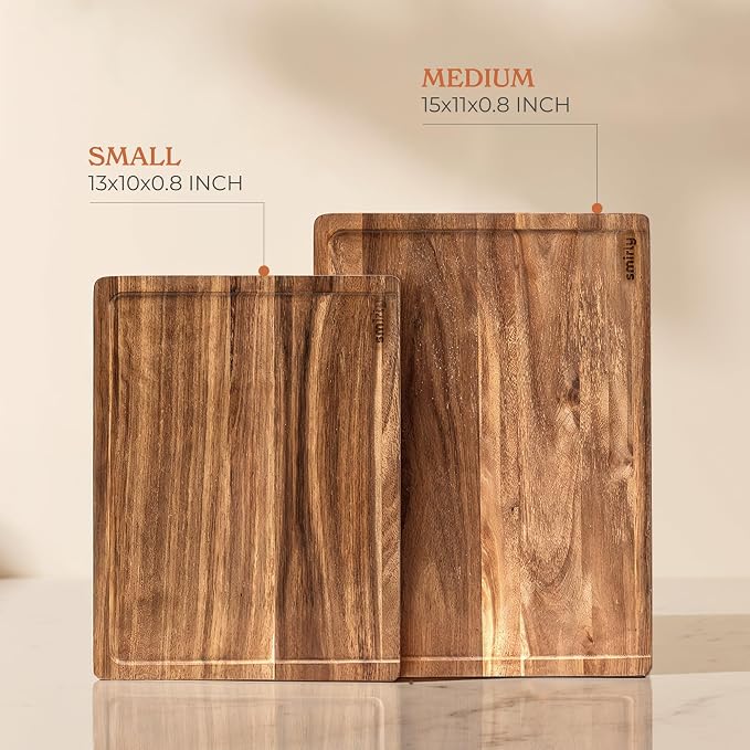 SMIRLY Acacia Wood Cutting Board - 2 Pack Cutting Boards for Kitchen | Non Toxic Acacia Cutting Board with Juice Grooves and Handles, Multiple Sizes Chopping Board for Meal Prep & Charcuterie