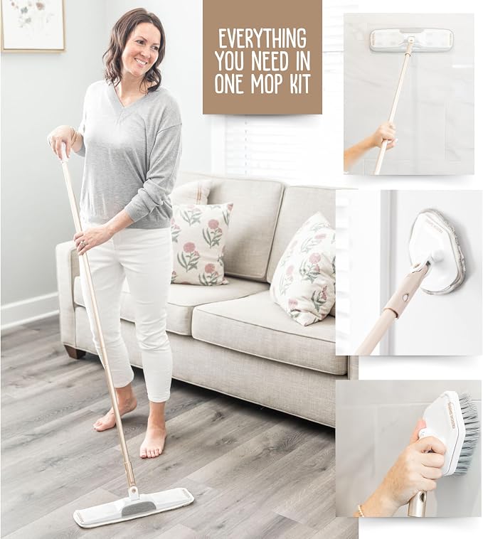 Quick Shine Ultimate Gold Clean + Polish Mop Kit, 11 Pc Set w/Interchangeable Attachments, Cleaner & Finish Included | 2-in-1 Pro Cleaning System w/ Microfiber Pads | All Floors | No Batteries Needed