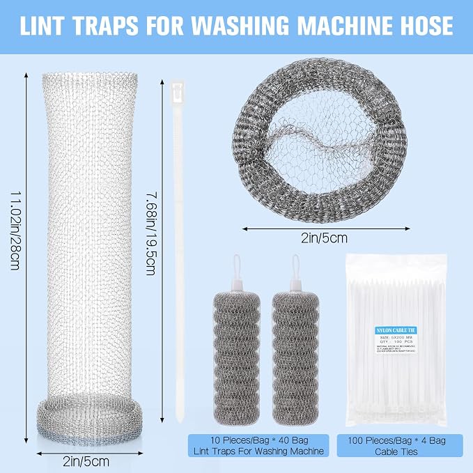 Yaocom 400 Pack Washing Machine Lint Traps for Washing Hose Stainless Steel Snare Traps Washer Lint Catcher Mesh Machine Filter with Cable Ties for Washer Sink Drain Hose (Grey)
