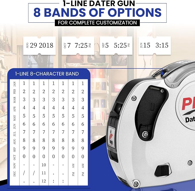 Perco Plus 1-Line Date Marking Gun with Labels Kit - Compares to Monarch 1131-01 Band Includes 1-Line 8-Character Band Date Labeler Gun, 9,000 Blank White Labels, a Label Scraper, and an Extra Inker