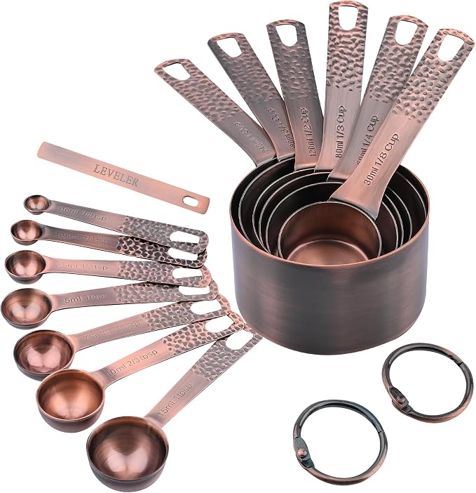 Copper Measuring Cups and Spoons Set 14, Stainless Steel Measure Cups and Spoons Set for Baking & Kitchen, 6 Metal Metric Measuring Cups and 7 Measuring Spoons 1 Leveler for Dry & Liquid