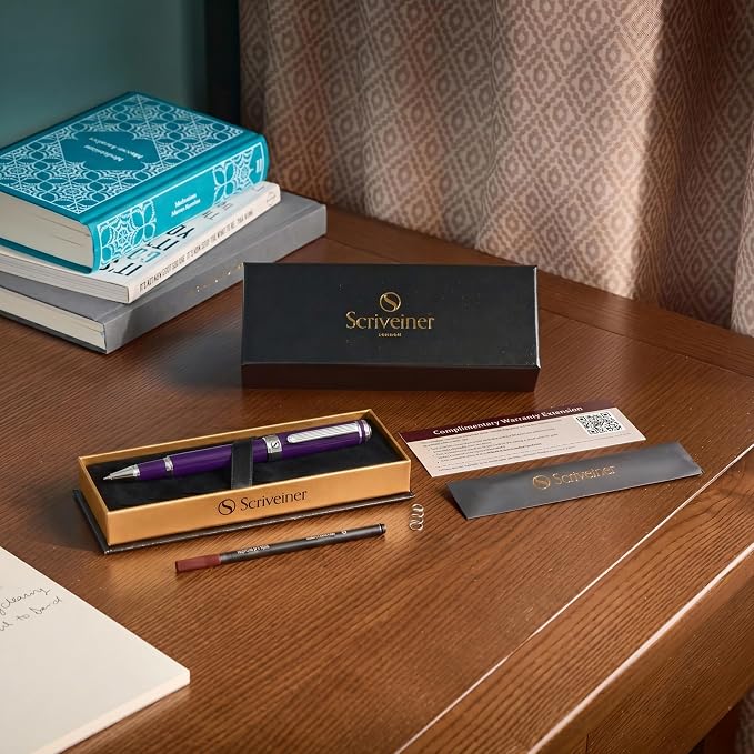 Scriveiner Aubergine Rollerball Pen - Stunning Luxury Pen With Chrome Finish, Schmidt Ink Refill, Best Roller Ball Gift Set for Men & Women, Professional, Executive Office, Nice Pens