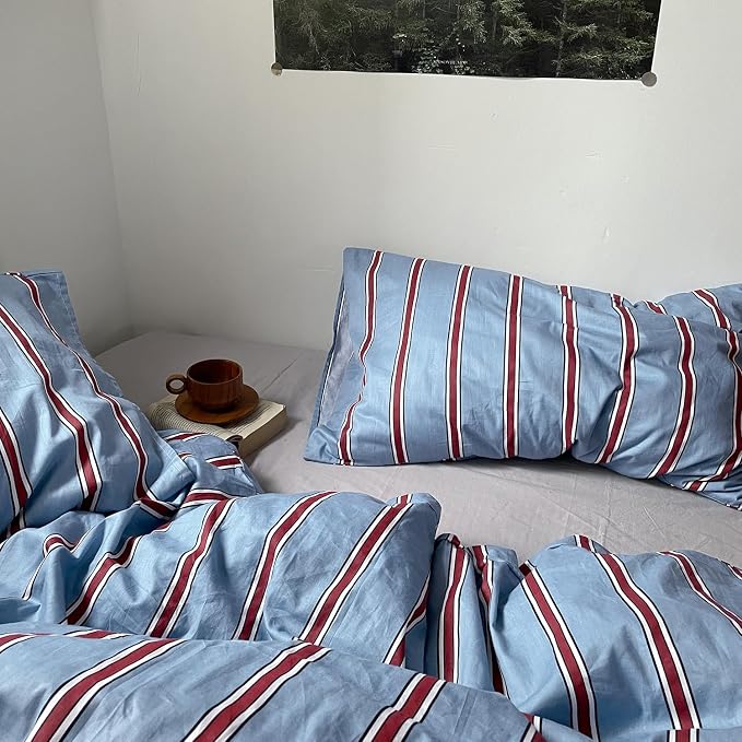 mixinni Vintage Striped Blue Duvet Cover Twin XL - 100% Cotton Red Stripes 3-Piece Bedding Duvet Cover Set with Zipper Closure, Soft & Breathable Retro Design for All Seasons (Twin XL Size)