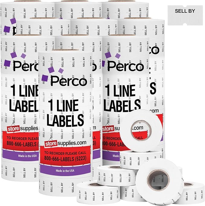 Perco 1 Line Sell BY Labels - 80,000 "SELL BY" Labels for Perco Lite, X, Plus and Pro 1 Line Date Guns - 80 rolls, 10 Sleeves - Made in USA