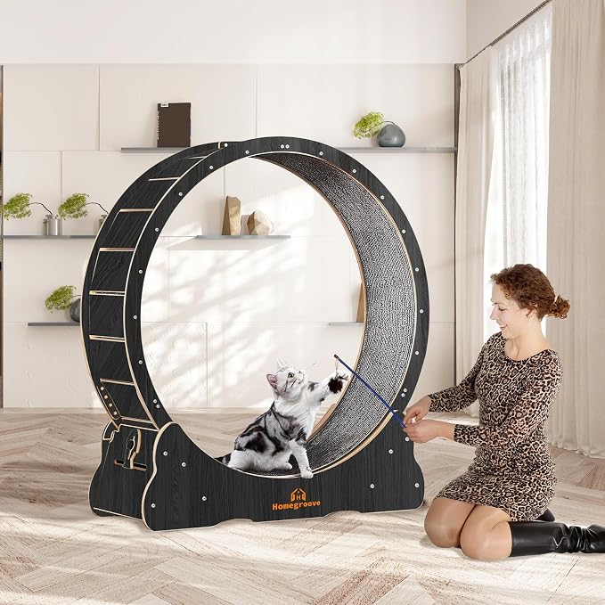 Homegroove Cat Wheels for Indoor Cats, 43" Large Cat Exercise Running Treadmill Wheel with Carpeted Runway for Kitty’s Longer Life, Black(L)