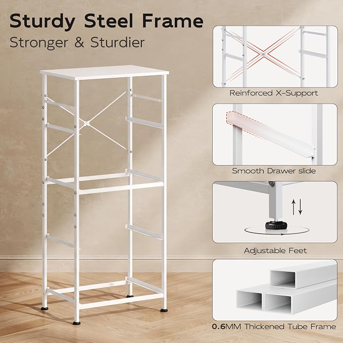 WLIVE Small Dresser Nightstand for Bedroom, 4 Drawers, White | 4 vertical fabric drawers, Space-saving tower, Bedroom or closet use, Chest of drawers, Dresser for small spaces