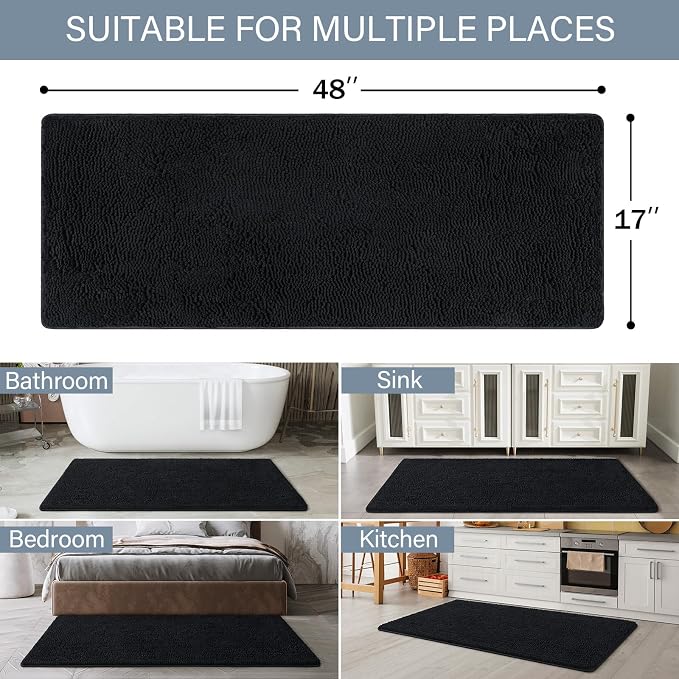 LOCHAS Luxury Bathroom Rug Shaggy Bath Mat 48 x 17 Inch, Black | Washable Non Slip Bath Rugs for Bathroom Shower, Soft Plush Chenille Absorbent Carpets