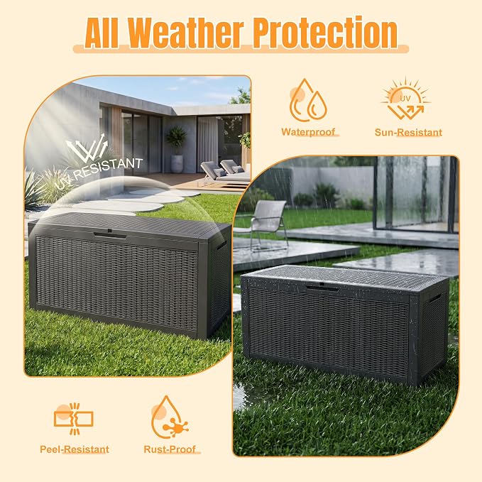 Outdoor Storage Box, 160 Gallon Waterproof Resin Deck Box with Support Rod | UV Resistant Lockable Package Delivery Bin, Shoe, Patio & Garden Tools Storage, Toy Cabinet, Ottoman, Indoor/Outdoor