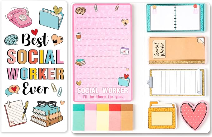Xqumoi Social Worker Sticky Notes Set - 550 Sheets Best Social Worker Ever Self-Stick Note Pads I'll Be There for You Divider Tabs Bundle Memo Pad, Thank You Appreciation Gifts for Women Men