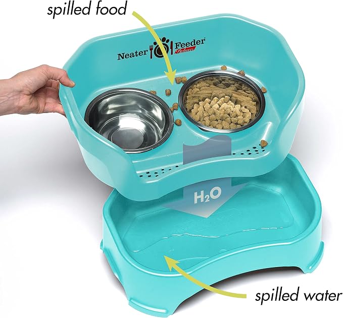 Neater Pet Brands Neater Feeder Deluxe Mess Proof Cat Bowls Elevated, Made in USA, No Spill Raised Bowls for Indoor Cats, Stainless Steel Food and Water Bowl Set, Pet Dish Feeding Station, Aquamarine