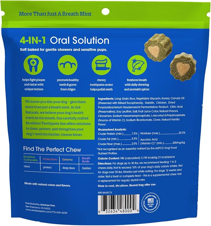 Ark Naturals Soft Brushless Toothpaste Dental Chews - Small Breeds (70 ct) | Vet Formulated Soft-Baked Dog Dental Chew with Toothpaste Center – Freshens Breath, Reduces Plaque & Tartar