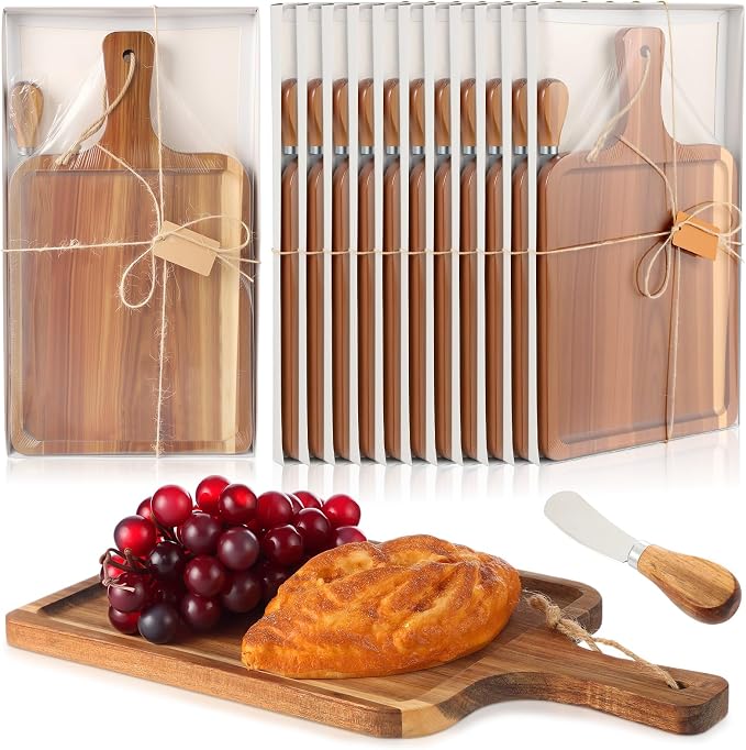 Geetery 12 Set Acacia Wood Charcuterie Board with Knife Wooden Serving Tray with Groove Acacia Wood Cutting Board with Gift Box and Card for Wedding Baby Shower Housewarming Gift (14 x 8 Inches)