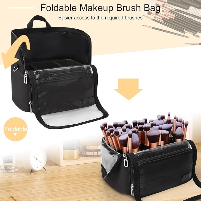 TANTO Makeup Brush Bag, Makeup Brush Holder Travel Extra Large Make up Brush Organizer Case Stand-up Makeup Cup Foldable Pro Cosmetic Artist Storage Bags with Adjustable Divide (01A-Black,X Large)