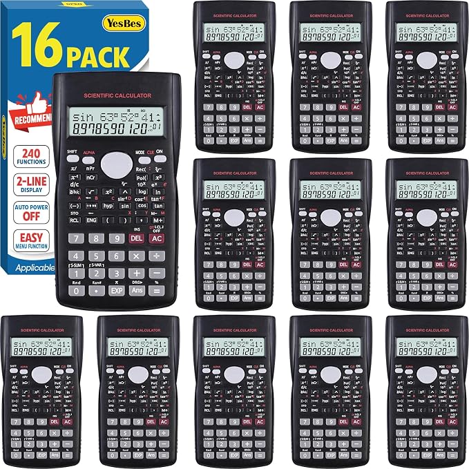 16 Pack Scientific Calculators, 2-Line Large Screen Display 240 Functions Scientific Calculators for Students, Math Algebra Fraction Calculator for High School College School
