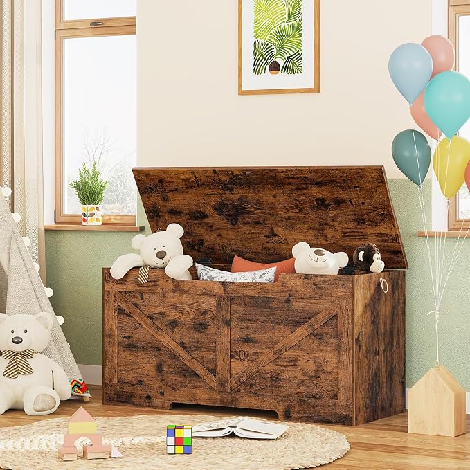 HOOBRO Storage Bench, 39.4” Retro Wooden Storage Chest with U-Shaped Cut-Out Pull, Safety Hinge, Supports 220 lb and Easy Assembly for Toy Box Organizer (Rustic Brown) BF771CW01G1
