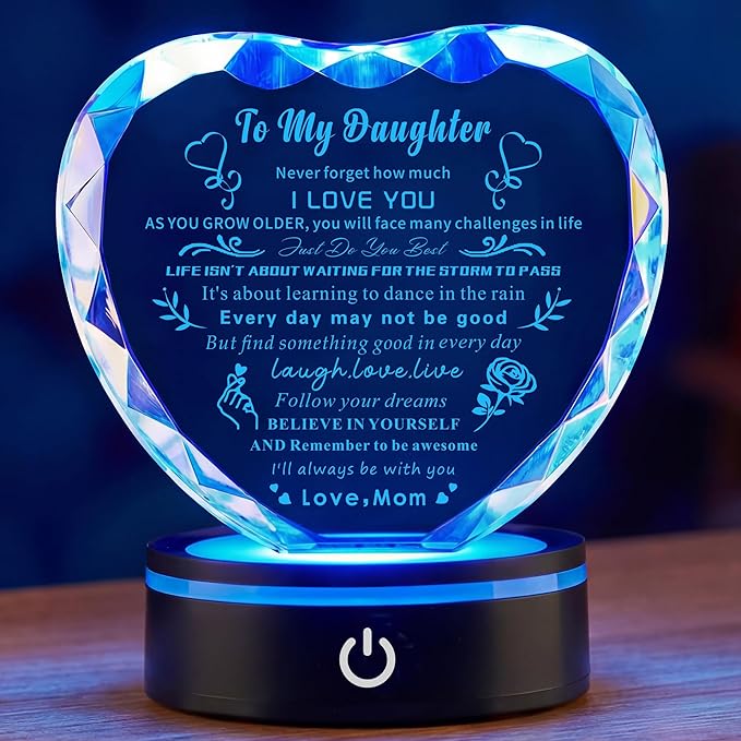Daughter Gifts from Mom Dad Unique Glass Heart Shaped Keepsake, Birthday Gifts for Daughter Adult with Colorful Light Base, Present to My Daughter on Wedding Mothers Day Graduation