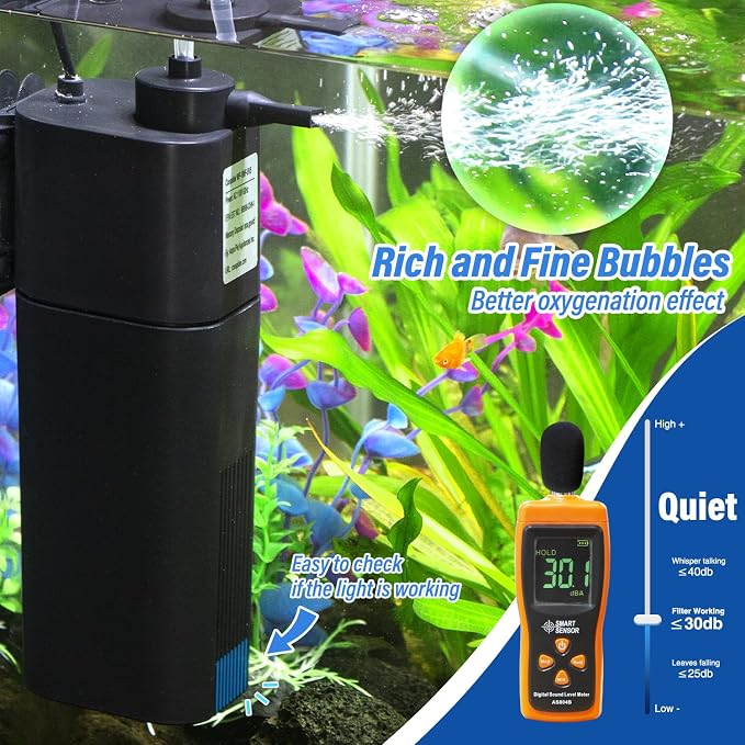 TARARIUM 10-40 Gallon U-V Aquarium Filter for Fish Turtle Tank, Swirl Turbo | Bio Sponge+U-V, Auto-Timer Bulb Lasts Longer, Clear Green Water, Quiet Internal Filter, Aeration, Saltwater Freshwater 132GPH