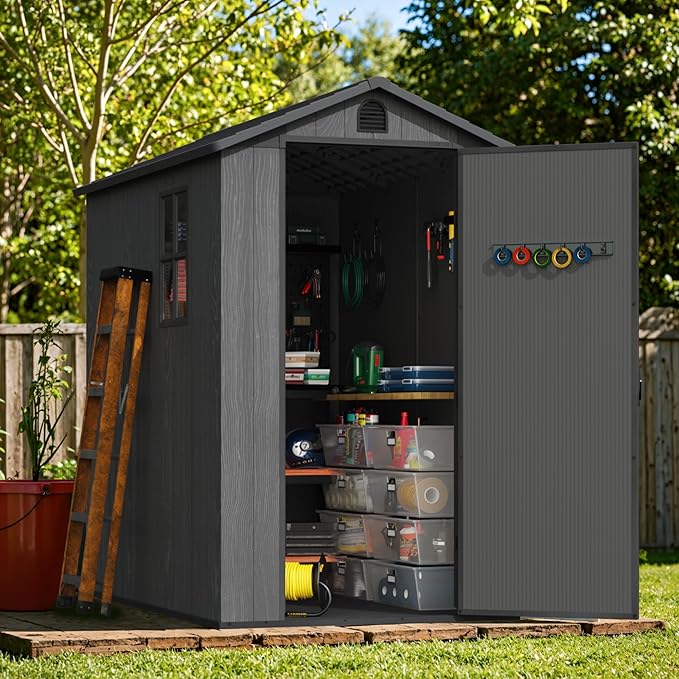 Greesum 4x6FT Plastic Storage Shed with Floor, Resin Outdoor Storaged Sheds with Lockable Door, All Weather Tool Shed with Window and Vent, Easy Assembly for Garden, Patio, Yard, Dark Gray
