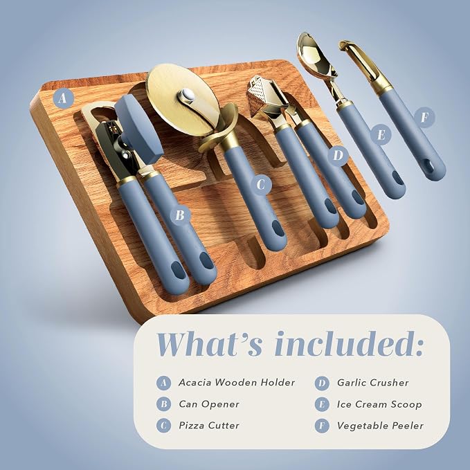 COOK WITH COLOR 6-Piece Kitchen Tool Set with Acacia Wood Cutting Board, Can Opener, Pizza Cutter & Prep Essentials, Blue