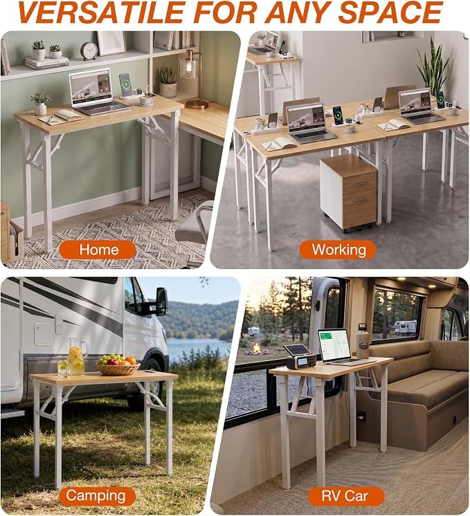 XBurmo Small Folding Desk Folding Table, No Assembly Foldable Desk Gaming Desk, 35.8-Inch Computer Table Workstation with 2 AC Outlets and 2 USB Ports for Bedroom and Home Office, Light Maple
