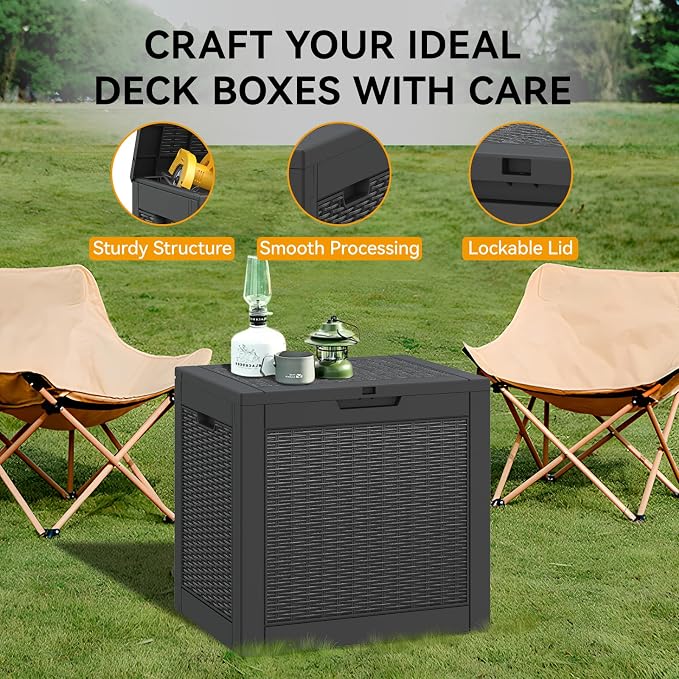 29 Gallon Outdoor Storage Box, Resin Deck Boxes Indoor and outdoor, Waterproof Storage Box Lockable Lid for Garden Tools, Package Delivery, Pool Supplies, Patio Cushions, Black