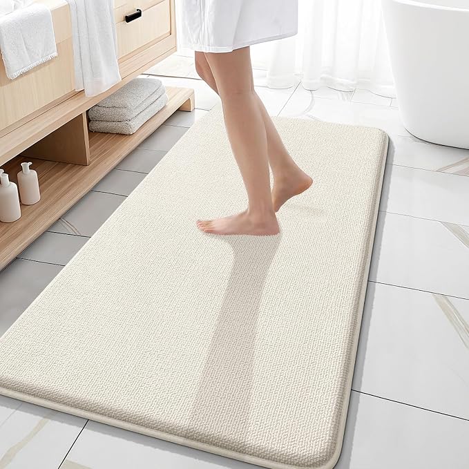 OLANLY Memory Foam Bathroom Runner Rugs 47x20, Absorbent Long Mat, Ivory | Soft Quick Dry Bath Mat Rugs, Non-Slip, Machine Washable Mat for Bathroom Floor, Tub and Shower, Home Decor Accessories