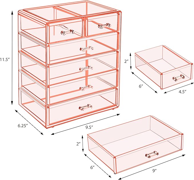 Sorbus Acrylic Makeup Organizer Set, 6-Drawer Vanity & Countertop Cosmetic Storage with Small & Wide Drawers, Pink Makeup Storage for Brushes, Lipsticks, Jewelry – Holiday Gift for Women & Teens