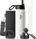 Coolflask Water Bottle 24 oz Insulated with Straw, Stainless Steel Metal 3 Lids Water Flask Wide Mouth for Sports or Office, Non-BPA Keep Cold Up to 48 Hrs or Hot Up to 24 Hrs, Arctic White