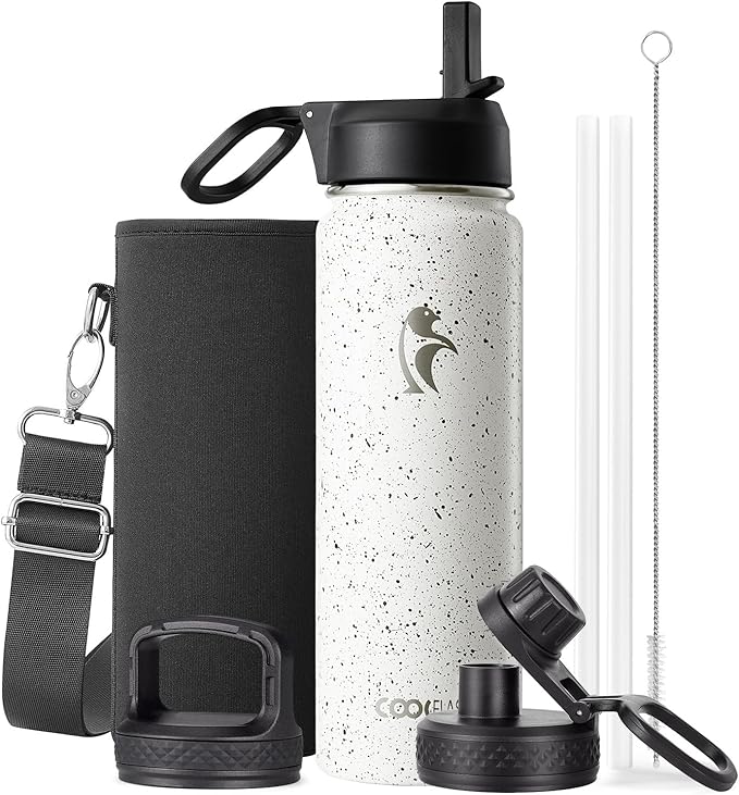 Coolflask Water Bottle 20 oz Insulated with Straw, Stainless Steel Metal 3 Lids Water Flask Wide Mouth for Sports or Office, Non-BPA Keep Cold Up to 48 Hrs or Hot Up to 24 Hrs, Arctic White