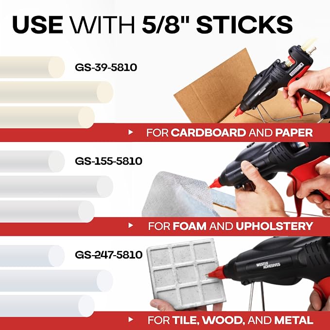 IDL Packaging GG-5810 Industrial 450W Hot Glue Gun with 10 pcs Glue Sticks - 5/8" x 10" Full-Size Glue Sticks - Hot Glue Gun Kit for All Surfaces, Wood, Metal, Plastic, Glass, Tile, Cardboard