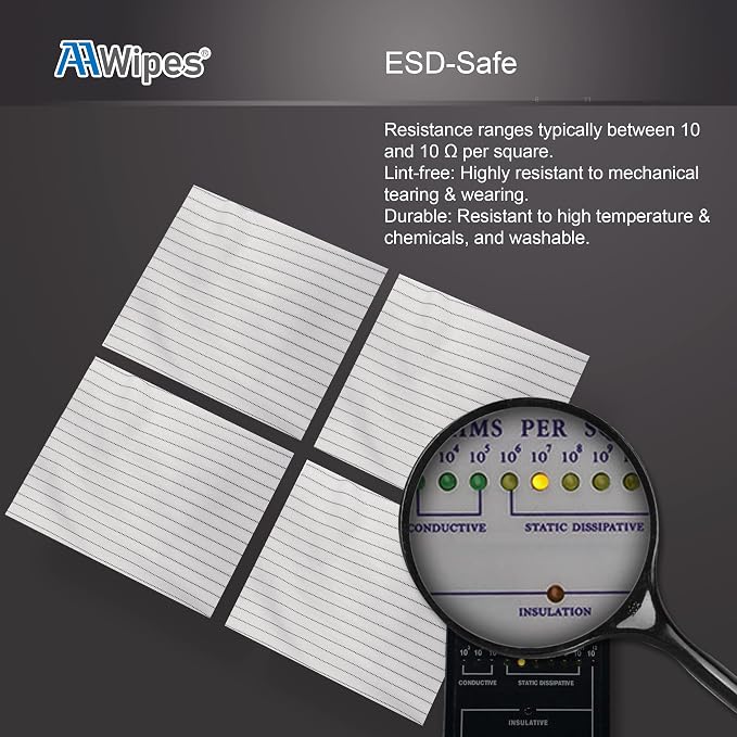 AAWipes Anti-Static Cleanroom Wipe Cloths (4"x4", Pack of 400) - Safe Electrostatic Discharge (ESD) Polyester Wiper Special ESD-Safer Wiper Cloths Lint Free Static Dissipative Wipers (CE16004)