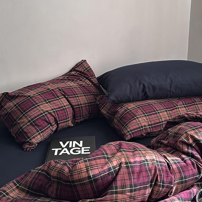 mixinni Vintage Burgundy Buffalo Plaid Comforter Cover Set Queen Size - 3 Piece Mid-Century Modern Washed Cotton Bedding, Soft Breathable Grid Duvet Cover with Matching Pillowcases for All-Season