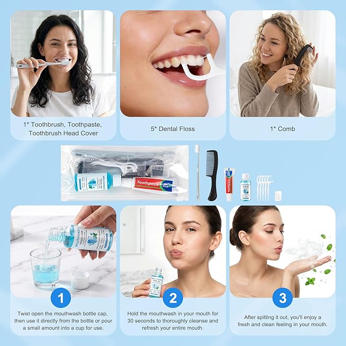 Travel Toothbrush Kit Bulk, Hygiene Kit Bulk with Toothbrush Toothpaste Set, Floss Picks, Comb, Travel Mouthwash, Toothbrush Cover, Individually Packaged, for Travel, Hotels (30-Pack)
