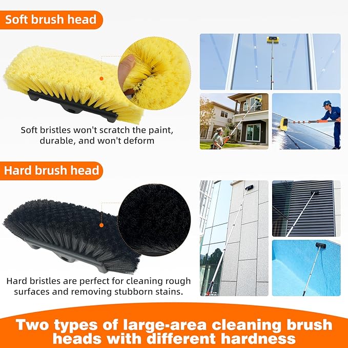 16FT Car Wash Brush with Long Handle, Car Cleaning Brush with 12" Soft Bristle and 12" Hard Bristle, 4-16Ft Telescopic Pole for Scratch-Free Cleaning Truck,RV, Boats,House Siding,Floors,Solar Panels