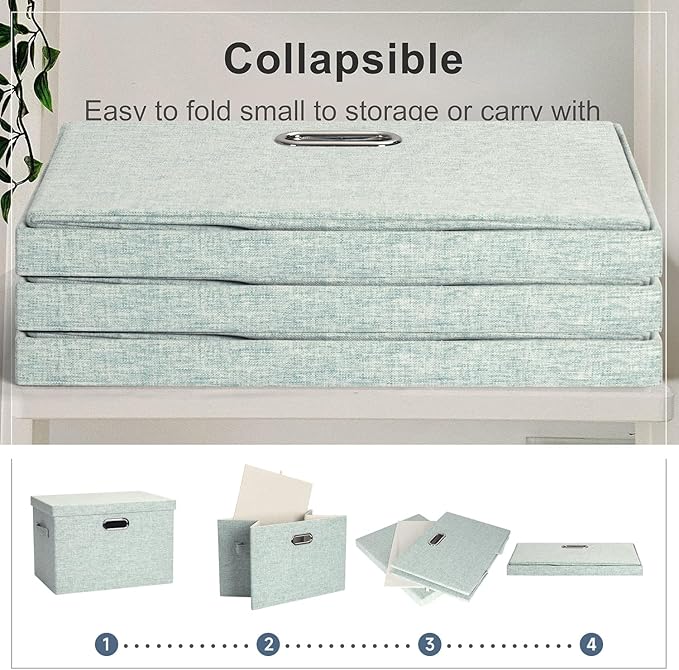 Graciadeco Large 17" 36 Quart Collapsible Stackable Storage Bins with Lids, 3 Packs Light Green Linen Fabric Closet Boxes, Storage Cube Baskets Container Organizers for Office (16.5x12.2x11.2)