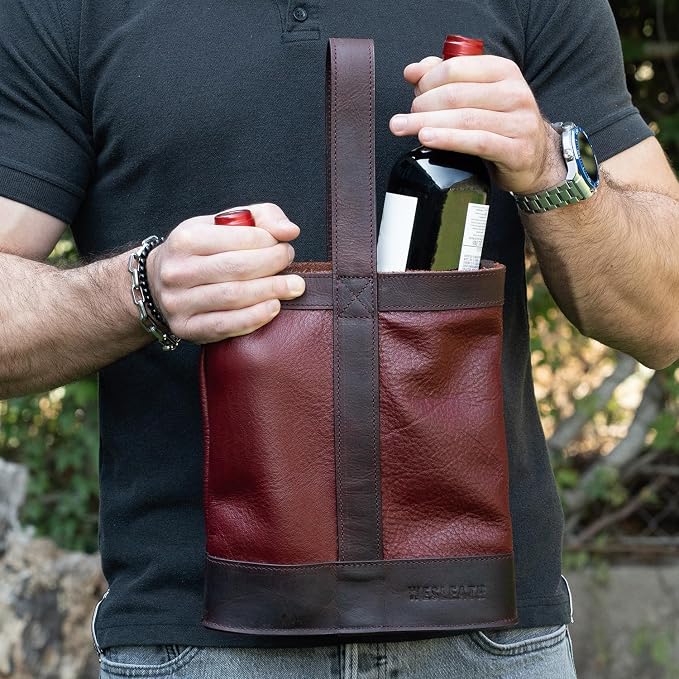 Double Wine Carrier Bag – Leather Wine Tote for Two Bottles with Handles & Metal Buckle – Protective Carrier for Picnic, Wine Champagne Gift Bag (Merlot)
