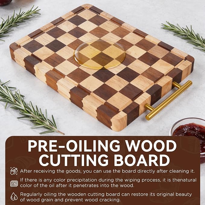 Checkered Cutting Board for Kitchen – 14.9"x 11"x 1.18" Rubber Wood Butcher Block with Juice Groove & Steel Handle, Heavy Duty Non-Slip Chopping Board for Charcuterie, Housewarming Gift