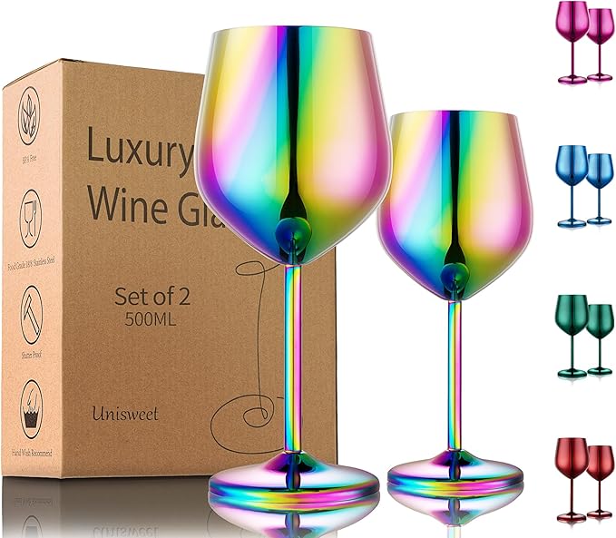 UNISWEET Unbreakable Stainless Steel Wine Glasses Set of 2, Colorful | 17oz Unique Fancy Metal Wine Goblets, Shatterproof, Ideal for Outdoor, Camping, Travel, Pool, Great Gift for Wine Lovers